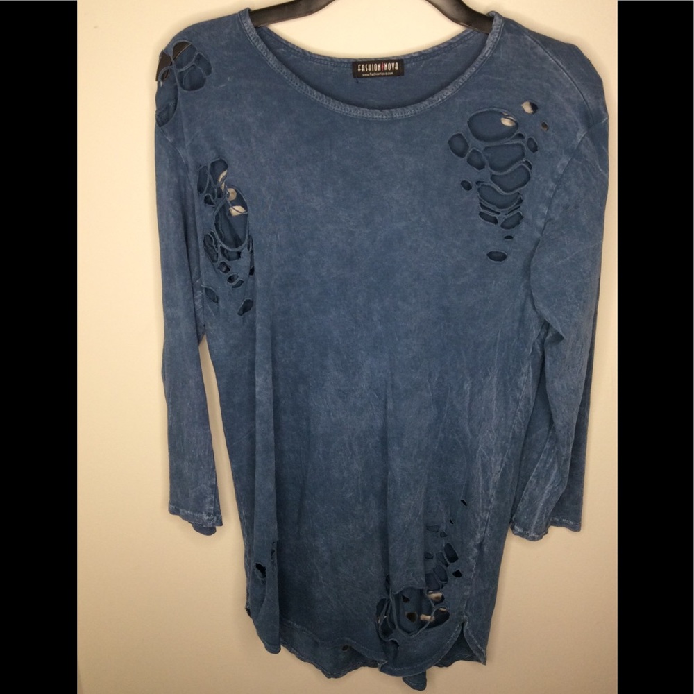 Blue Fashion Nova Ripped T-Shirt-Tunic Flashdance